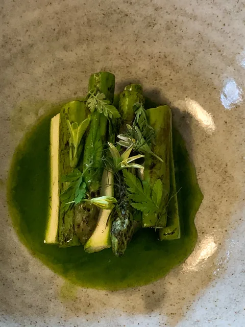 Dansk Hamachi-tun med grønne asparges, rarbarber, østers og syltede lakridsurter.